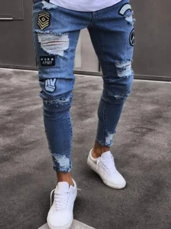 Men's Jeans Jeans For Men Chic Distressed Antique Design Skinny Light Sky Blue Deep Blue