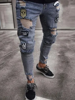 Men's Jeans Jeans For Men Chic Distressed Antique Design Skinny Light Sky Blue Deep Blue
