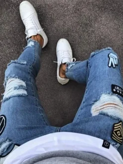 Men's Jeans Jeans For Men Chic Distressed Antique Design Skinny Light Sky Blue Deep Blue