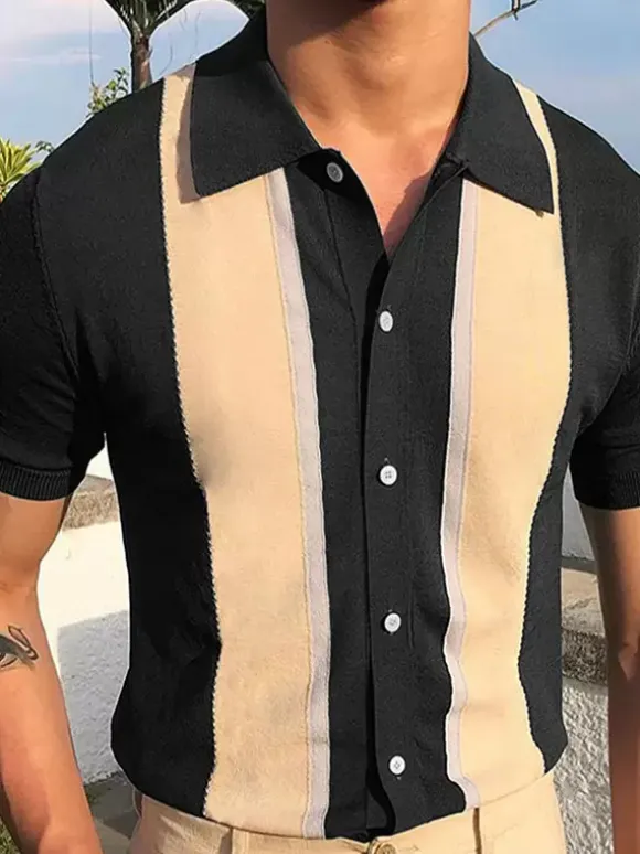 Men’s Lapel T-Shirt Single Breasted Knitted Short Sleeved Polo Shirt