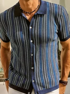 Men’s Lapel T-Shirt Striped Single Breasted Short Sleeved Polo Shirt