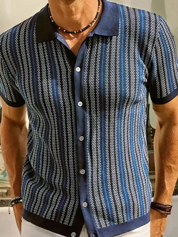 Men’s Lapel T-Shirt Striped Single Breasted Short Sleeved Polo Shirt
