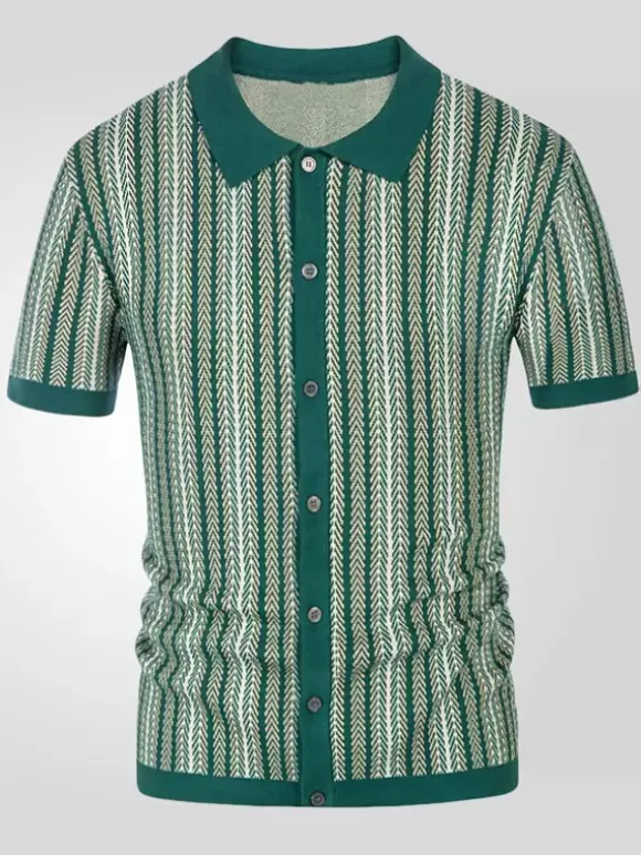 Men’s Lapel T-Shirt Striped Single Breasted Short Sleeved Polo Shirt