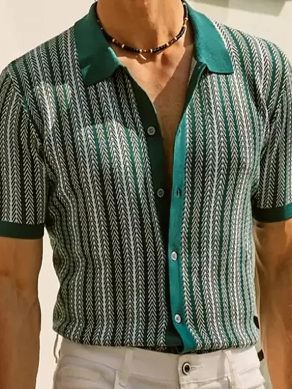 Men’s Lapel T-Shirt Striped Single Breasted Short Sleeved Polo Shirt