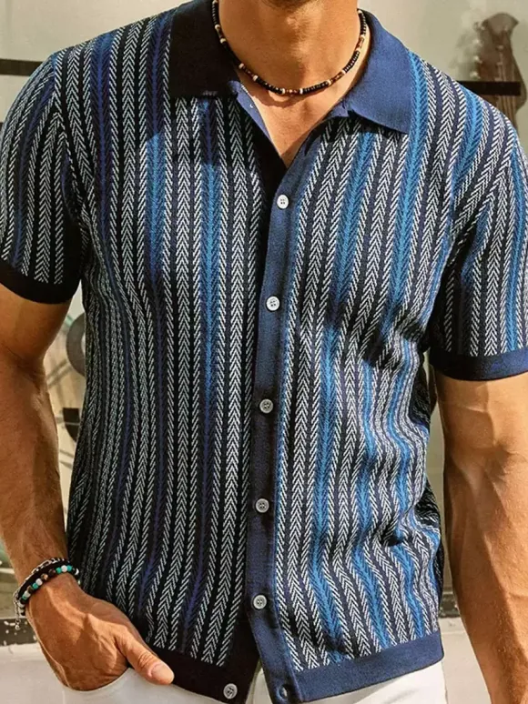 Men’s Lapel T-Shirt Striped Single Breasted Short Sleeved Polo Shirt
