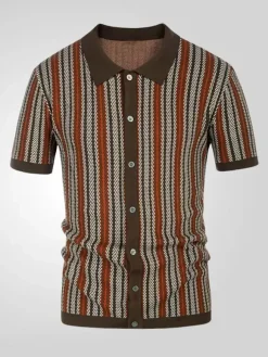 Men’s Lapel T-Shirt Striped Single Breasted Short Sleeved Polo Shirt