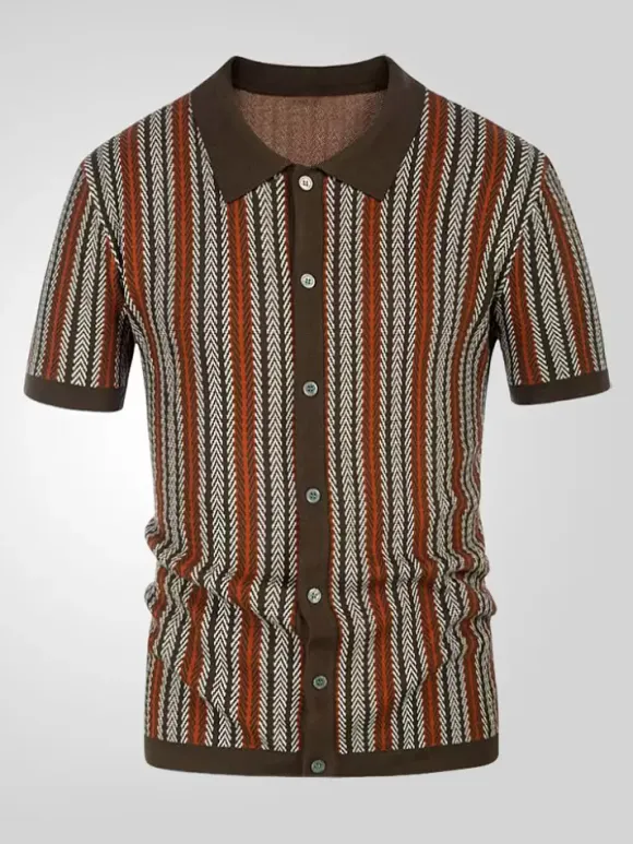Men’s Lapel T-Shirt Striped Single Breasted Short Sleeved Polo Shirt