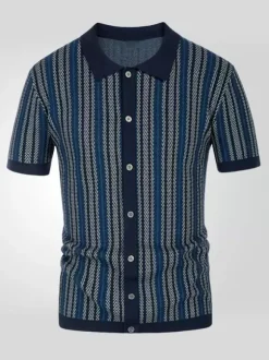 Men’s Lapel T-Shirt Striped Single Breasted Short Sleeved Polo Shirt