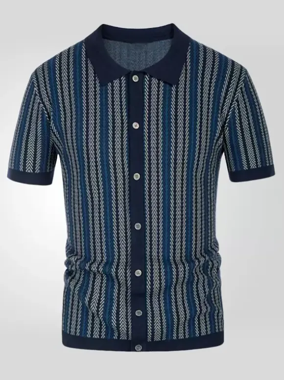 Men’s Lapel T-Shirt Striped Single Breasted Short Sleeved Polo Shirt