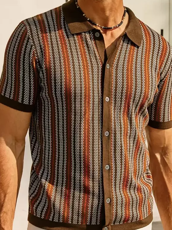 Men’s Lapel T-Shirt Striped Single Breasted Short Sleeved Polo Shirt