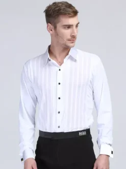 Mens Latin Dance Costume White Striped Long Sleeves Spandex Shirt Latin Dancing Competition Shirts