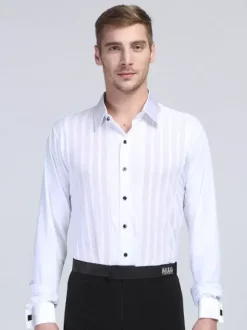 Mens Latin Dance Costume White Striped Long Sleeves Spandex Shirt Latin Dancing Competition Shirts
