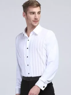 Mens Latin Dance Costume White Striped Long Sleeves Spandex Shirt Latin Dancing Competition Shirts