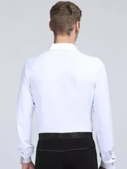 Mens Latin Dance Costume White Striped Long Sleeves Spandex Shirt Latin Dancing Competition Shirts