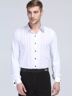 Mens Latin Dance Costume White Striped Long Sleeves Spandex Shirt Latin Dancing Competition Shirts