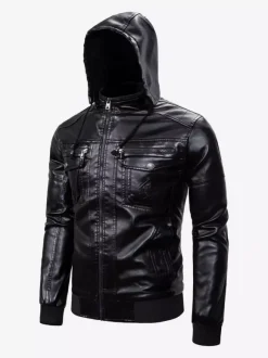 Men's Leather Jacket Motorcycle Casual Stand Collar Windbreaker with Zipper Pockets