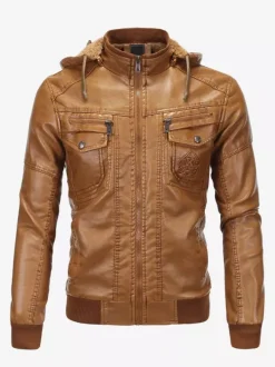 Men's Leather Jacket Motorcycle Casual Stand Collar Windbreaker with Zipper Pockets