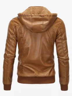 Men's Leather Jacket Motorcycle Casual Stand Collar Windbreaker with Zipper Pockets
