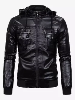 Men's Leather Jacket Motorcycle Casual Stand Collar Windbreaker with Zipper Pockets