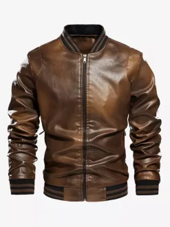 Men's Leather Jacket Plus Size Gradient Lightweight Fleece Structured Coat