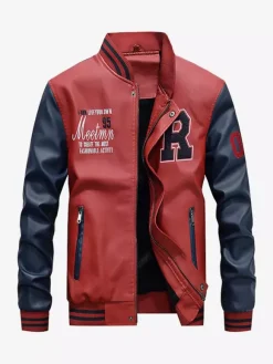 Men's Leather Jackets Color Block Long Sleeve Zipper Bomber Jackets
