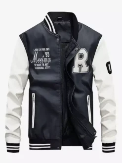 Men's Leather Jackets Color Block Long Sleeve Zipper Bomber Jackets