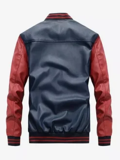 Men's Leather Jackets Color Block Long Sleeve Zipper Bomber Jackets