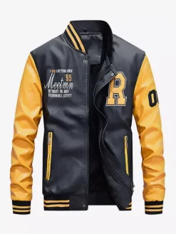 Men's Leather Jackets Color Block Long Sleeve Zipper Bomber Jackets