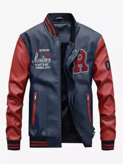 Men's Leather Jackets Color Block Long Sleeve Zipper Bomber Jackets