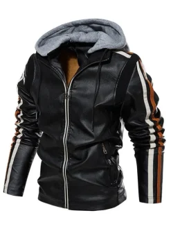 Men's Leather Jackets Hooded Comfy Zipper Color Block Moto Bomber Jackets