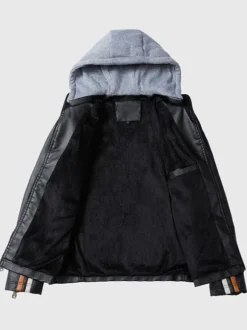 Men's Leather Jackets Hooded Comfy Zipper Color Block Moto Bomber Jackets