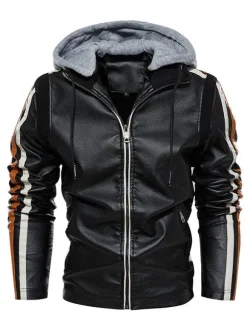 Men's Leather Jackets Hooded Comfy Zipper Color Block Moto Bomber Jackets