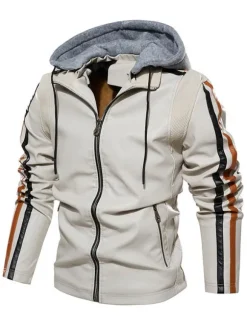 Men's Leather Jackets Hooded Comfy Zipper Color Block Moto Bomber Jackets