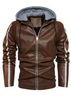 Men's Leather Jackets Hooded Comfy Zipper Color Block Moto Bomber Jackets