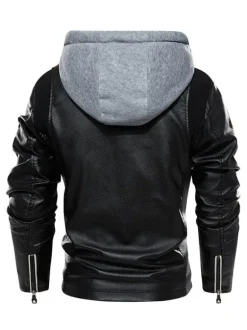 Men's Leather Jackets Hooded Comfy Zipper Color Block Moto Bomber Jackets