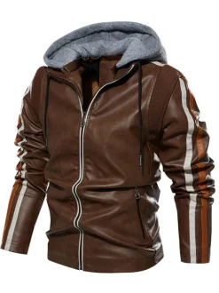 Men's Leather Jackets Hooded Comfy Zipper Color Block Moto Bomber Jackets