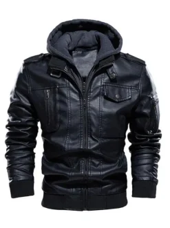 Men's Leather Jackets Zipper Pockets Windbreaker Hooded Coat