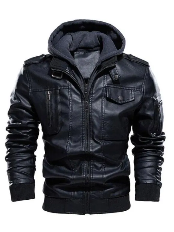 Men's Leather Jackets Zipper Pockets Windbreaker Hooded Coat