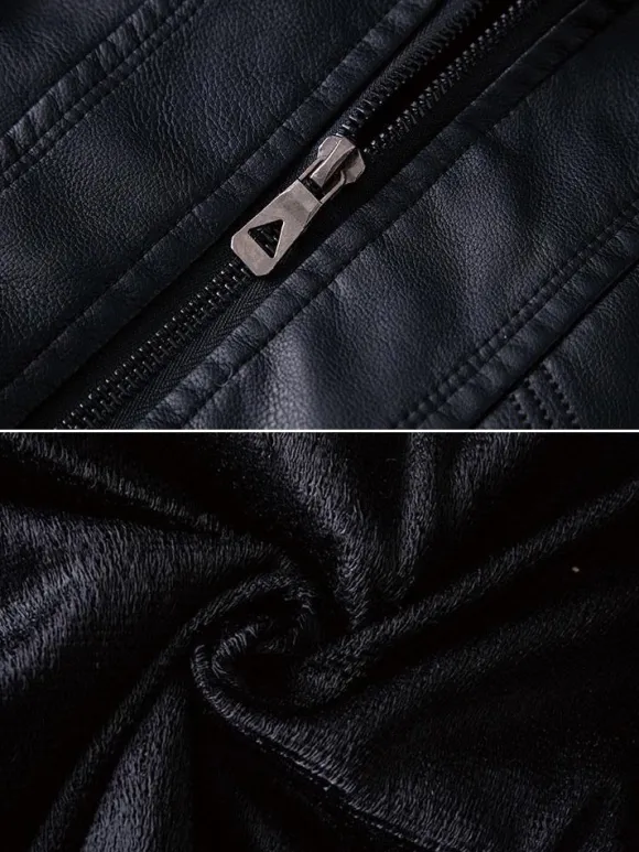Men's Leather Jackets Zipper Pockets Windbreaker Hooded Coat