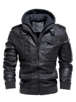 Men's Leather Jackets Zipper Pockets Windbreaker Hooded Coat