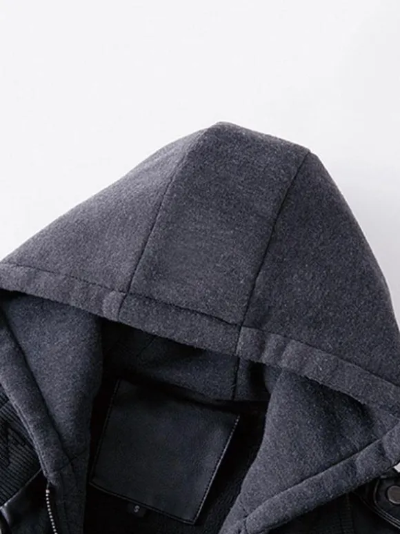 Men's Leather Jackets Zipper Pockets Windbreaker Hooded Coat