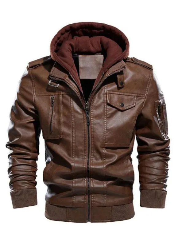Men's Leather Jackets Zipper Pockets Windbreaker Hooded Coat