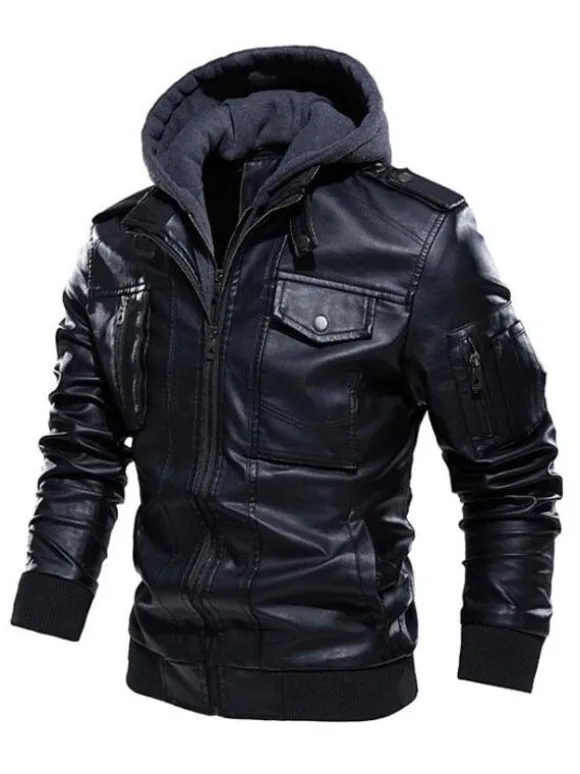 Men's Leather Jackets Zipper Pockets Windbreaker Hooded Coat