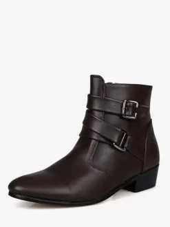 Men's Leather Pointed Toe Chelsea Boots,Buckle Straps Side Zipper Chunky Low Heel Western Formal Dress Boots Ankle Boots