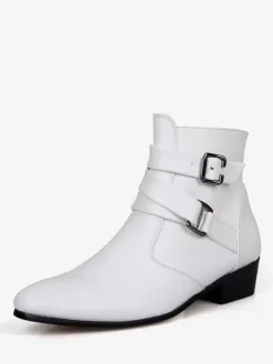 Men's Leather Pointed Toe Chelsea Boots,Buckle Straps Side Zipper Chunky Low Heel Western Formal Dress Boots Ankle Boots