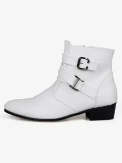 Men's Leather Pointed Toe Chelsea Boots,Buckle Straps Side Zipper Chunky Low Heel Western Formal Dress Boots Ankle Boots