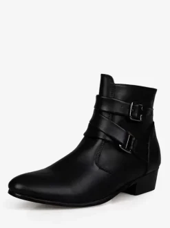 Men's Leather Pointed Toe Chelsea Boots,Buckle Straps Side Zipper Chunky Low Heel Western Formal Dress Boots Ankle Boots