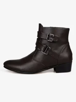 Men's Leather Pointed Toe Chelsea Boots,Buckle Straps Side Zipper Chunky Low Heel Western Formal Dress Boots Ankle Boots