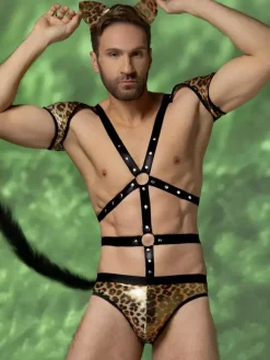Men's Leopard Cat Costume Set Body Harness Shorts Tail Ears Halloween Cosplay Outfit Night Club Wear