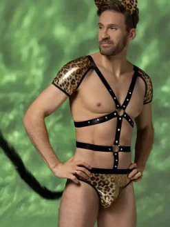 Men's Leopard Cat Costume Set Body Harness Shorts Tail Ears Halloween Cosplay Outfit Night Club Wear